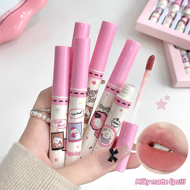 Matte Velvet Lip Tint Long Lasting - ゲゲベア 6個入り ベルベットリップマッドセット、ソフトマットムースリップティント、軽量で乾燥しないリキッドリップスティックギフトボックス、6色ヌードシェードキット