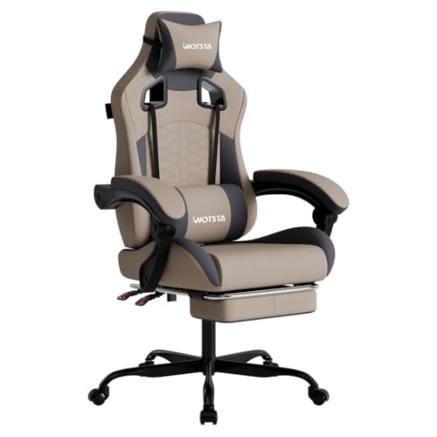 Massage - マッサージ機能付きゲーミングチェア。グレーのエルゴノミックデザインで、フットレスト、快適なヘッドレスト、腰部サポートを備え、背もたれが高く、PCゲームに最適。
