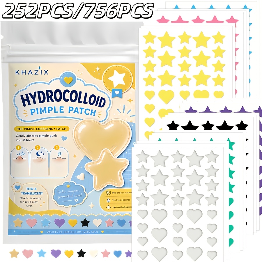 Hydrocolloid Pimple Patch - 7色、252個/756個。 スター型ニキビパッチ、フェイシャルハイドロゲルニキビパッチ、肌に優しく刺激が少ない、目立たず美しい