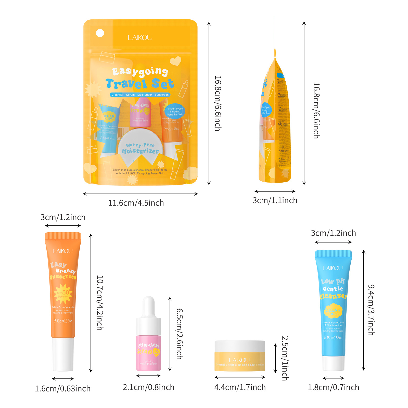 Hyaluronic Acid Facial Serum - Laikou-旅行用セラミックセラム,穏やかな低pHクレンザー,ヒアルロン酸血清,スムージングクリーム,spf50,日焼け止め,4個