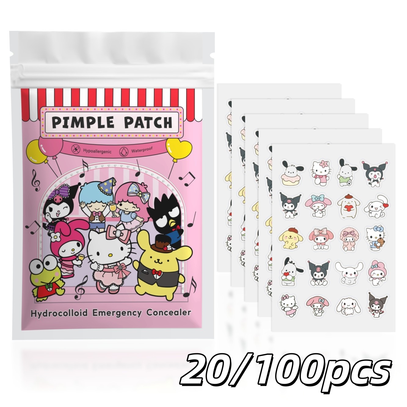 Hydrocolloid Pimple Patch - 20/100 個ハローキティハイドロコロイドニキビパッチセット、かわいい漫画スポットステッカー、防水目に見えないフェイスケアパッチ