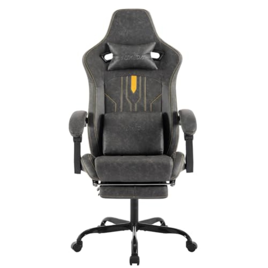 Massage - 自宅のオフィスで使用できる、フットレスト付きのゲーミングチェア。素材は黒色のPUレザー。人間工学に基づいた設計で、マッサージ機能付きのランバーサポートと高さ調節機能を備えています。