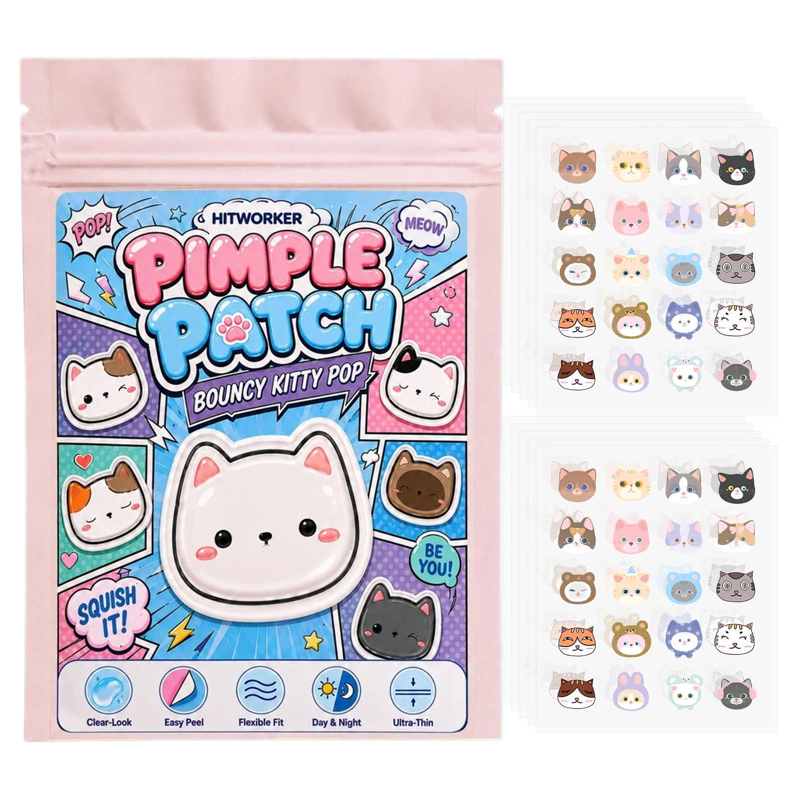 Hydrocolloid Pimple Patch - 100枚入りキュートな猫型ニキビパッチ、ハイドロコロイドスポットカバーシール、超薄型で剥がしやすいフェイスパッチ、昼夜兼用
