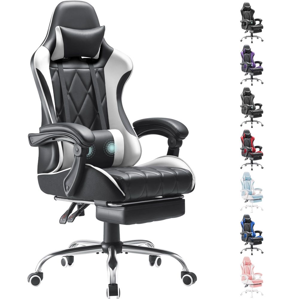 Massage - ゲーミングチェア、フットレストとマッサージランバーサポート付きコンピューターチェア、回転シート付き人間工学に基づいたハイバックビデオゲームチェア
