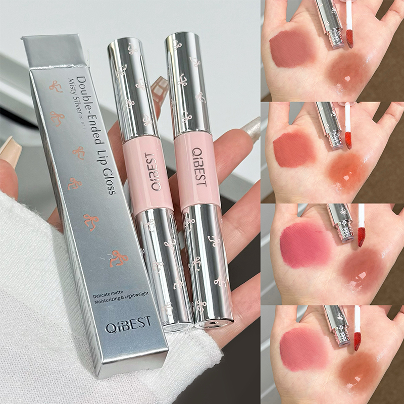 Matte Velvet Lip Tint Long Lasting - QIBEST ダブルヘッドマットベルベットリキッドリップスティック＆ウォータリーリップグロスティント 長持ちヌードオレンジリップグレイズ 韓国コスメ